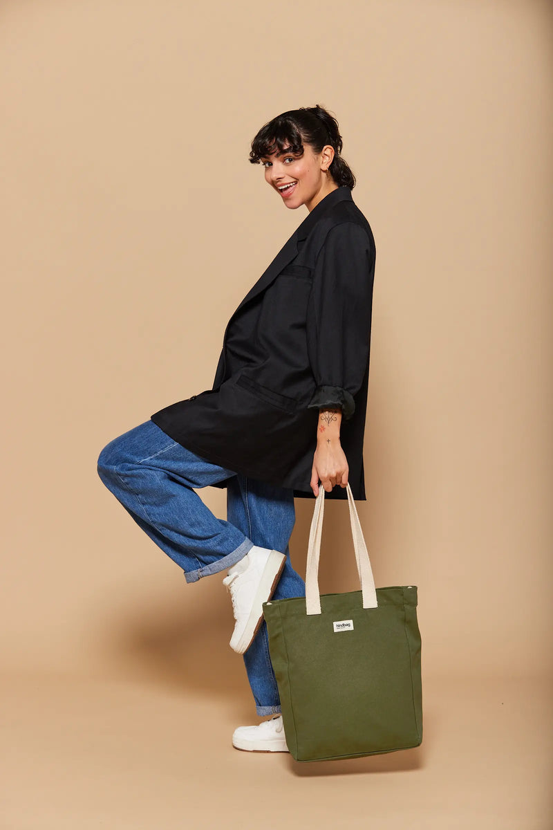 Cabas tote bag avec poche Olive - Main Image