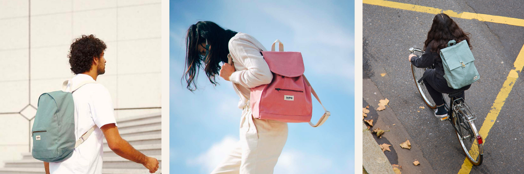 bannière en trois images : 1. Sac à dos Lucien sauge 2. Sac à dos Eliot rose blush 3. Sac à dos guillaume sauge